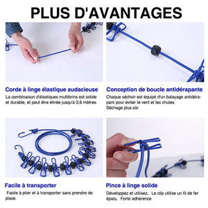 Corde à linge élastique avec clips