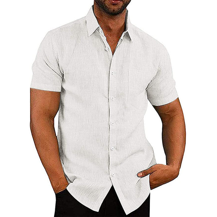 Chemise boutonnée en lin unie à manches courtes pour homme