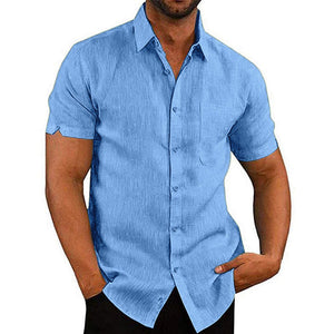 Chemise boutonnée en lin unie à manches courtes pour homme