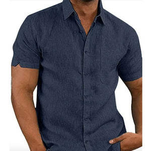 Chemise boutonnée en lin unie à manches courtes pour homme