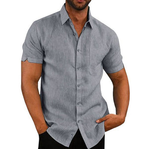 Chemise boutonnée en lin unie à manches courtes pour homme