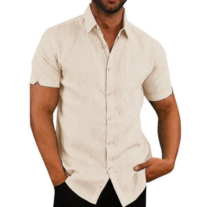 Chemise boutonnée en lin unie à manches courtes pour homme