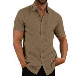 Chemise boutonnée en lin unie à manches courtes pour homme