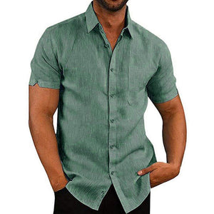 Chemise boutonnée en lin unie à manches courtes pour homme