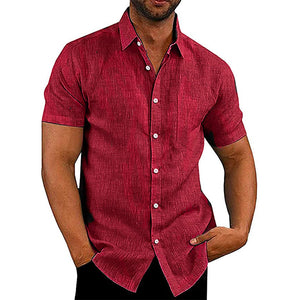 Chemise boutonnée en lin unie à manches courtes pour homme