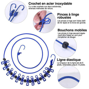 Corde à linge élastique avec clips